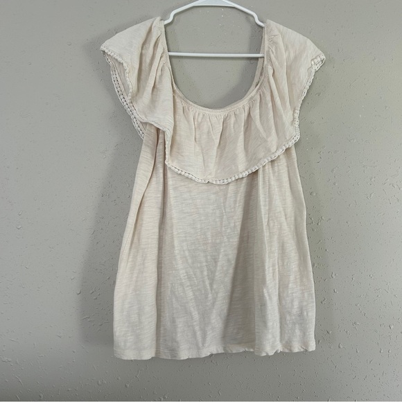 🦋Old Navy Cream Ruffle Off the Shoulder Short Sleeve Blouse Casual Comfy Neutral - Picture 1 of 6